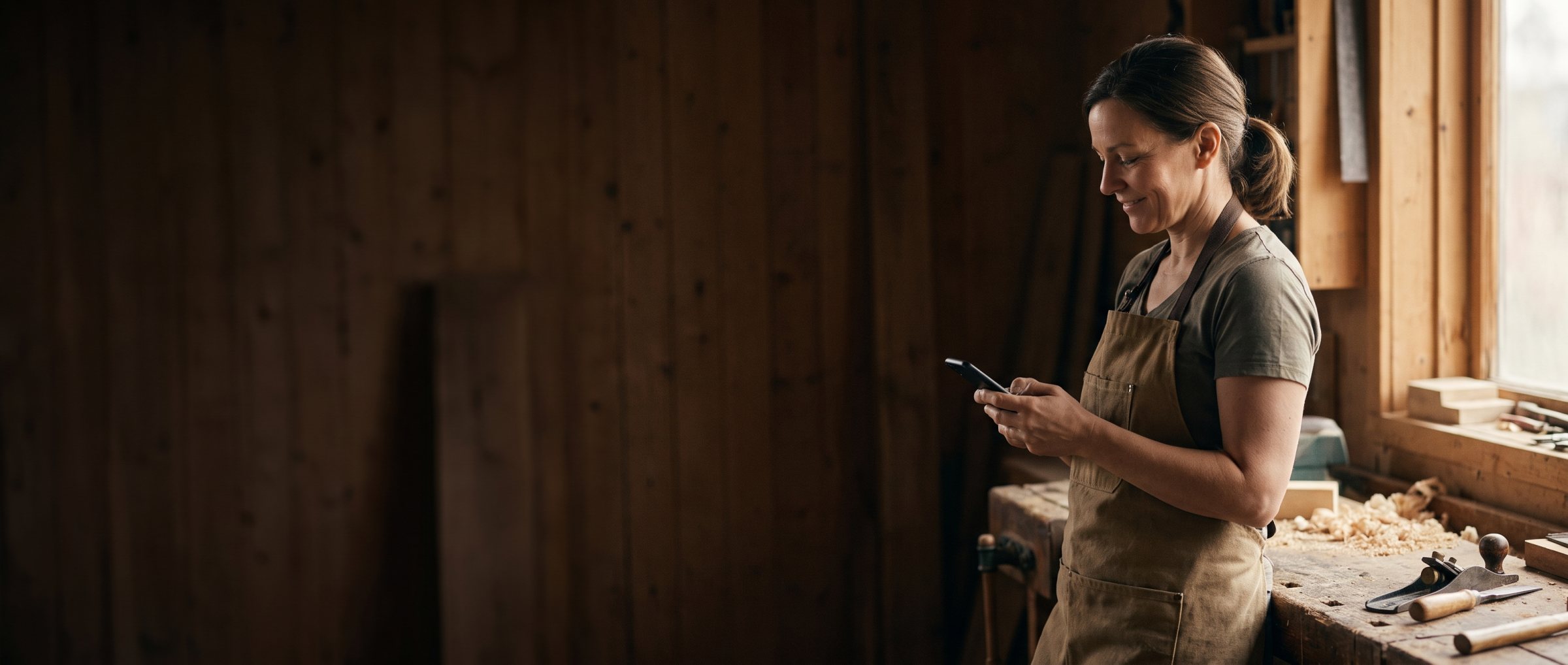 Snekker i eget verksted leser e-post på mobilen