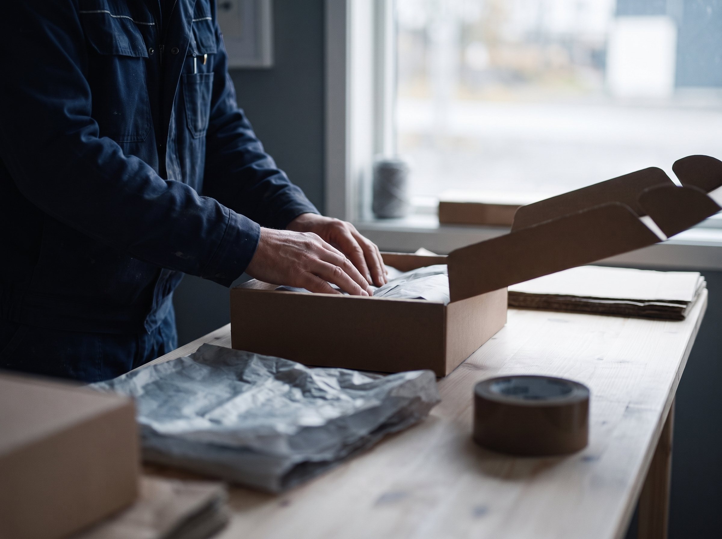 Hender som pakker en bestilling i en pappeske