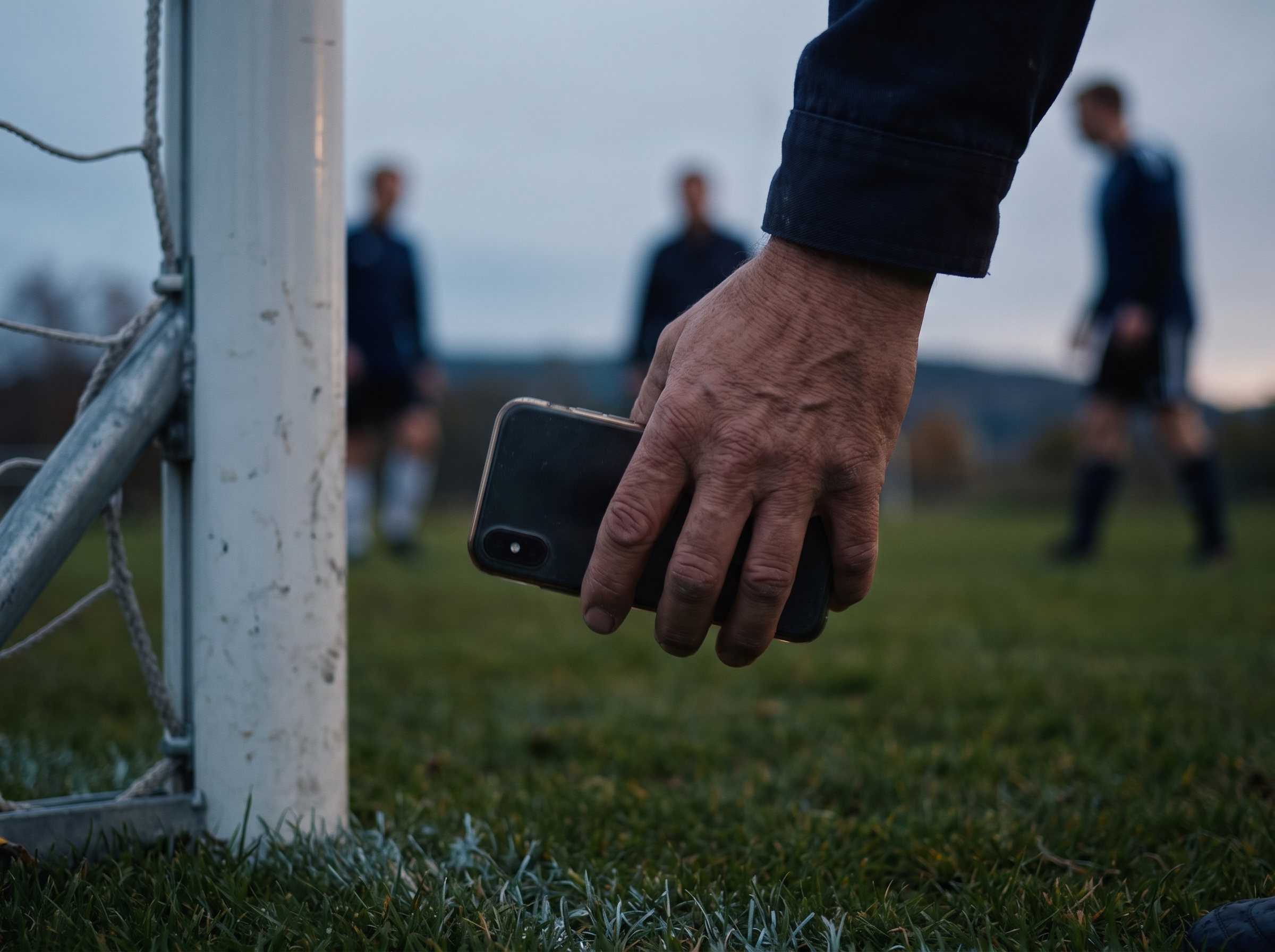 Hånd som holder en mobiltelefon ved en fotballbane